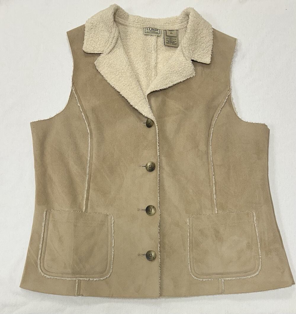 LL Bean Women's Vest M Brown Faux Suede Sherpa Lined Button Front Penny Lane
